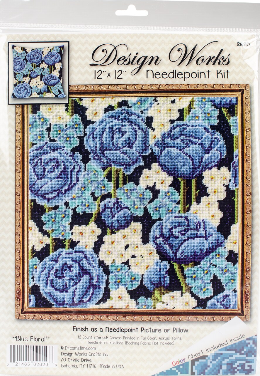 Design Works Needlepoint Kit 12"X12"-Blue Roses-Stitched In Yarn